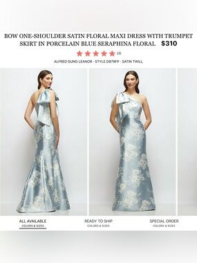 ALFRED SUNG Porcelain Blue One-Shoulder Satin Floral Gown with Bow